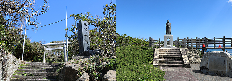 勝浦城址の石碑とお万の像